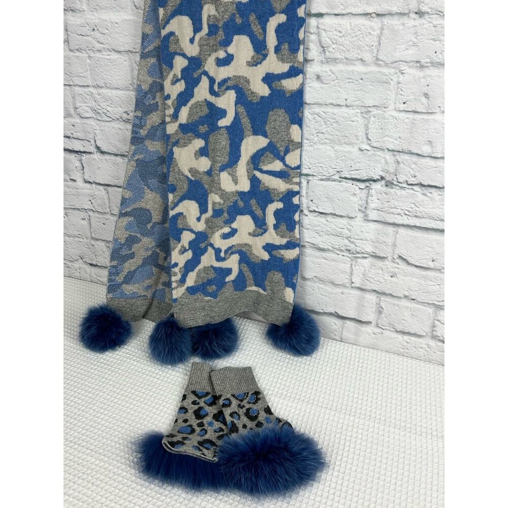 Mitchi Blue Gray Camo Scarf & Fingerless Gloves Fox Fur Pom Set NWT - Picture 2 of 10